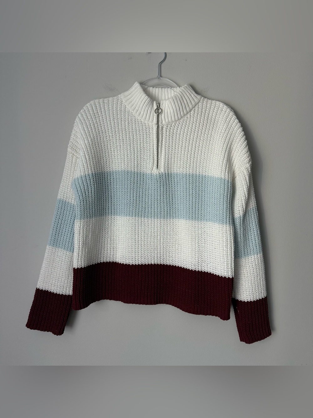 Francesca's Collections White, Light Blue & Burgundy Striped Half-Zip Sweater